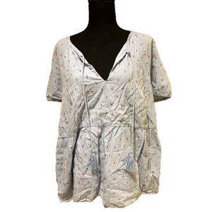 JUNAROSE BLUE SHORT SLEEVE V NECK TOP WITH TASSLE DETAIL